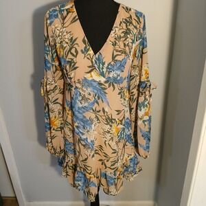 Entro NWT Dress M Beige FloralBlueYellow Easter Long Sleeves Party Tiered
